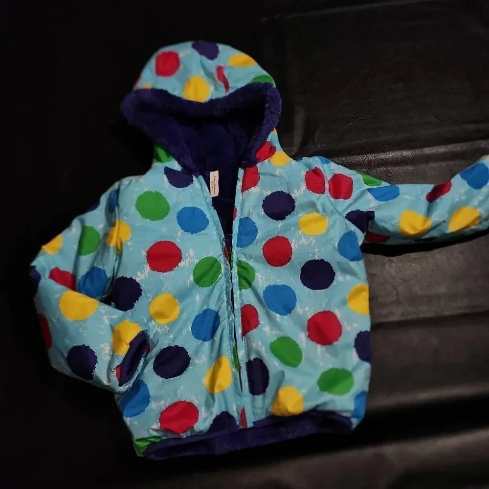 Hanna Andersson Girls Blue Polka Dot Purple Faux Fur Reversible Coat 100 4 4T